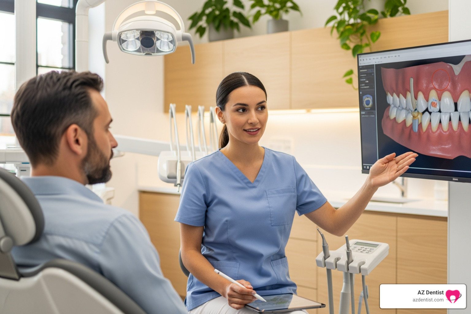 dentist explaining a procedure to a patient - Sedona family dentist