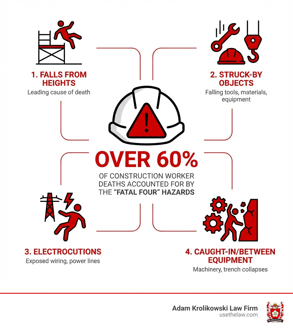 infographic showing the Fatal Four construction hazards: Falls from heights (leading cause of death), Struck-by objects (falling tools, materials, equipment), Electrocutions (exposed wiring, power lines), and Caught-in or between equipment (machinery, trench collapses), with statistics showing these account for over 60% of construction worker deaths - Construction accident lawyer infographic infographic showing the Fatal Four construction hazards: Falls from heights (leading cause of death), Struck-by objects (falling tools, materials, equipment), Electrocutions (exposed wiring, power lines), and Caught-in or between equipment (machinery, trench collapses), with statistics showing these account for over 60% of construction worker deaths - Construction accident lawyer infographic