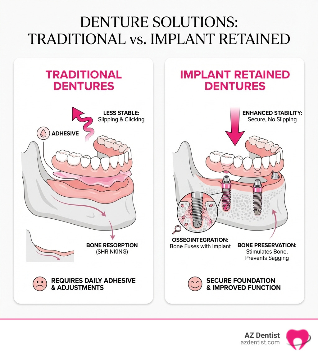 Infographic comparing traditional dentures resting on gums with adhesive to implant retained dentures anchored securely to titanium implants in the jawbone, showing the osseointegration process and improved stability - implant retained dentures infographic 