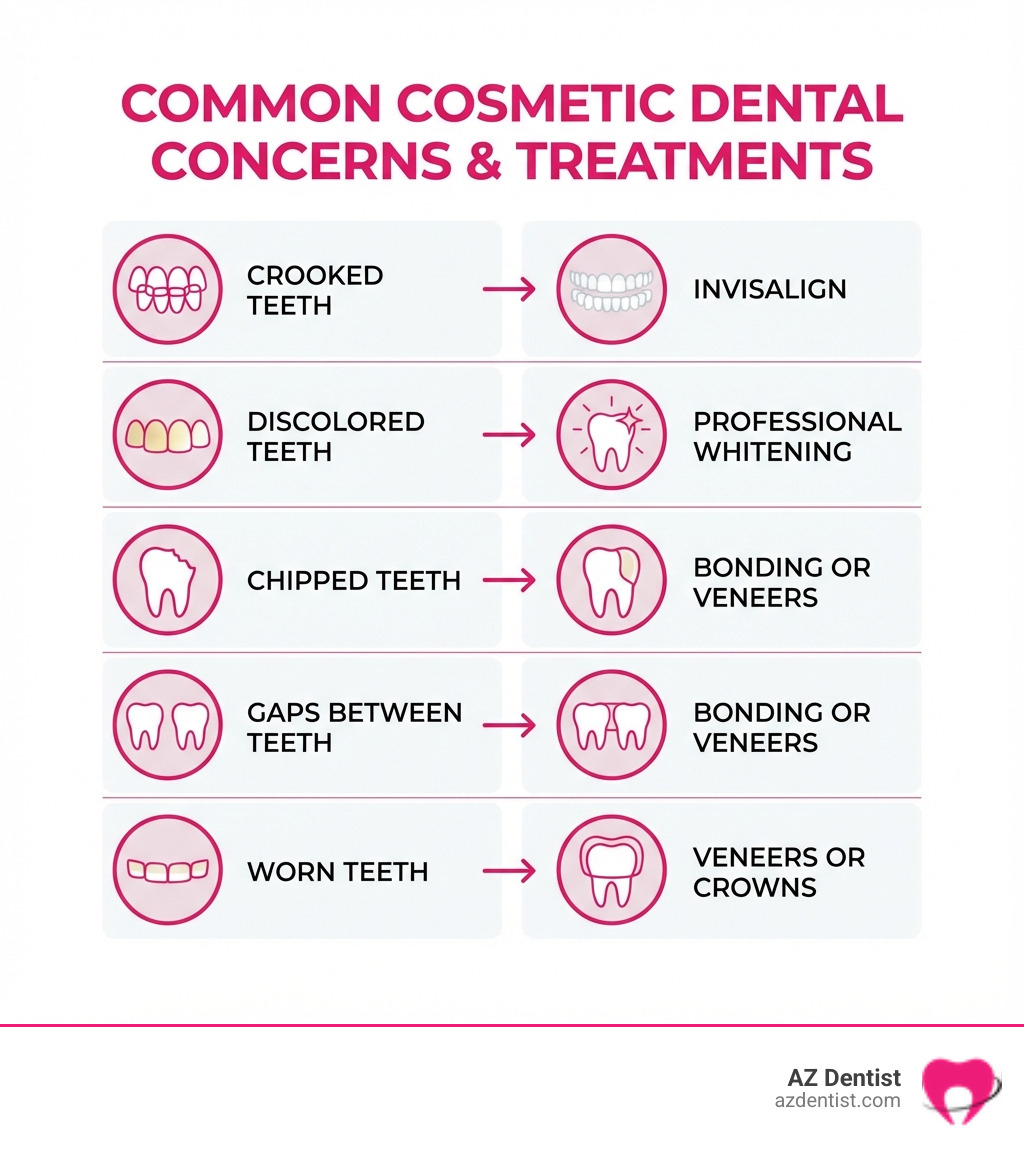 Infographic showing common cosmetic dental concerns including crooked teeth, discolored teeth, chipped teeth, gaps between teeth, and worn teeth, with corresponding treatment options: Invisalign for crooked teeth, professional whitening for discoloration, bonding or veneers for chips, bonding or veneers for gaps, and veneers or crowns for worn teeth - Glendale cosmetic dentistry infographic 