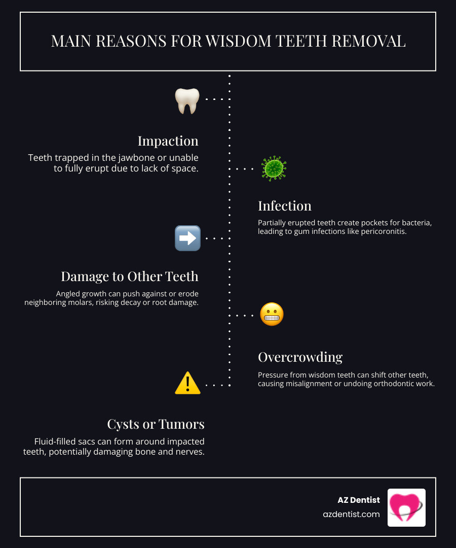 infographic showing the main reasons for wisdom teeth removal including impacted teeth trapped in the jaw, partially erupted teeth causing gum infections, teeth growing at angles that damage adjacent molars, overcrowding pushing other teeth out of alignment, cysts forming around impacted teeth, and decay in hard-to-clean areas - Wisdom teeth Scottsdale infographic infographic-line-5-steps-dark infographic showing the main reasons for wisdom teeth removal including impacted teeth trapped in the jaw, partially erupted teeth causing gum infections, teeth growing at angles that damage adjacent molars, overcrowding pushing other teeth out of alignment, cysts forming around impacted teeth, and decay in hard-to-clean areas - Wisdom teeth Scottsdale infographic infographic-line-5-steps-dark