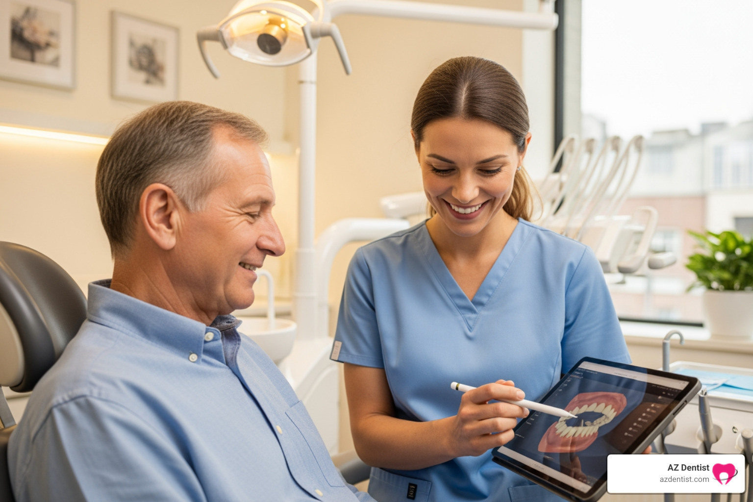 friendly dentist consulting with an older patient - Sun City Dental Services