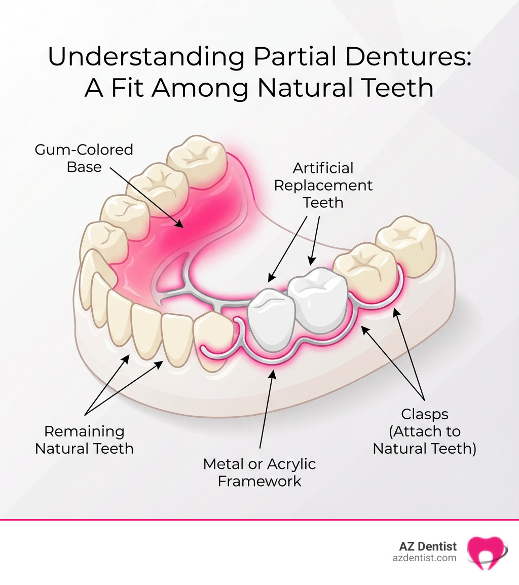 Detailed infographic showing how partial dentures fit among natural teeth, including labeled parts such as the gum-colored base, artificial replacement teeth, metal or acrylic framework, and clasps that attach to remaining natural teeth - partial dentures Sun City infographic 
