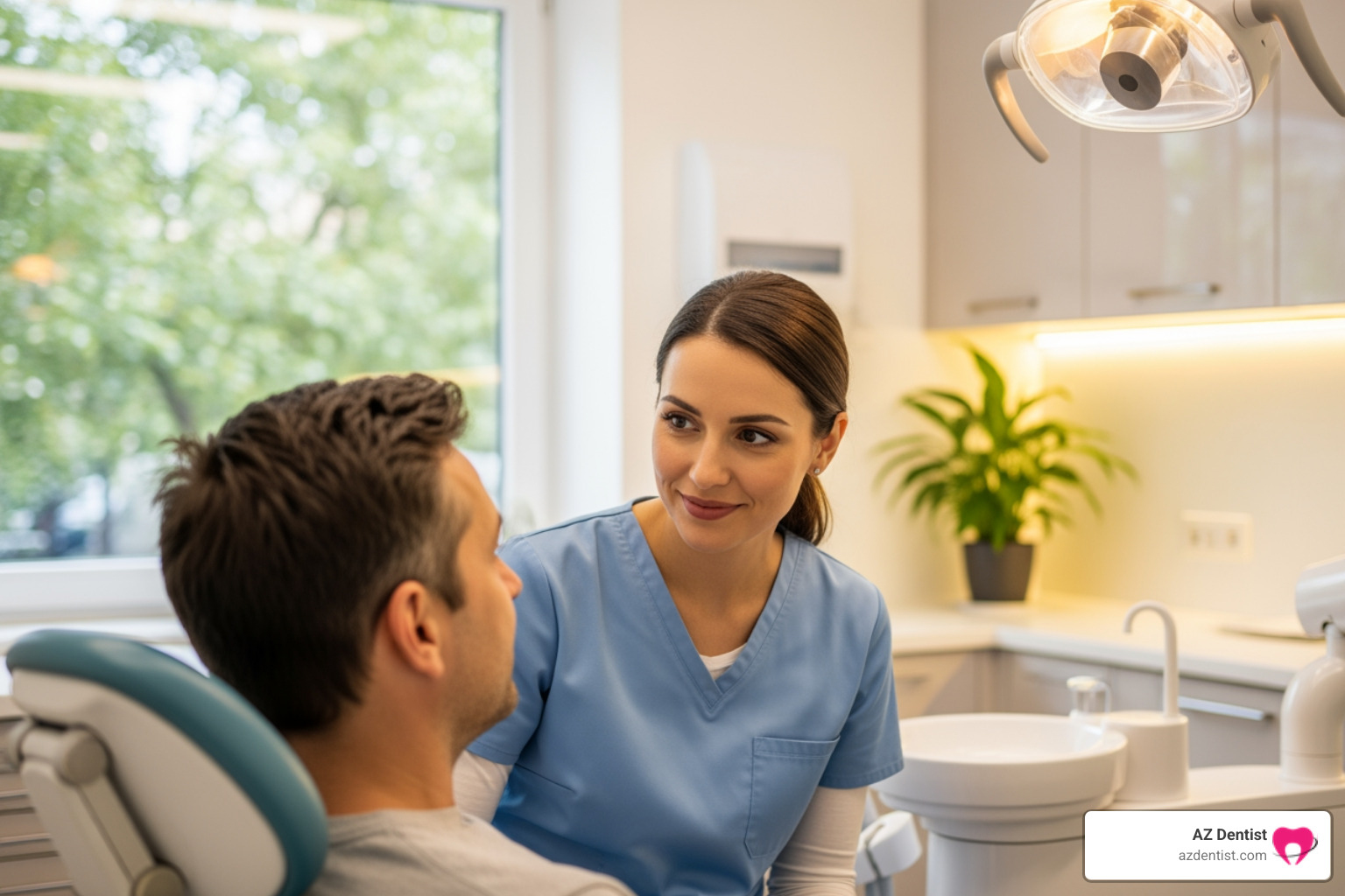 dentist communicating kindly with a nervous patient - gentle dental practice dentist communicating kindly with a nervous patient - gentle dental practice