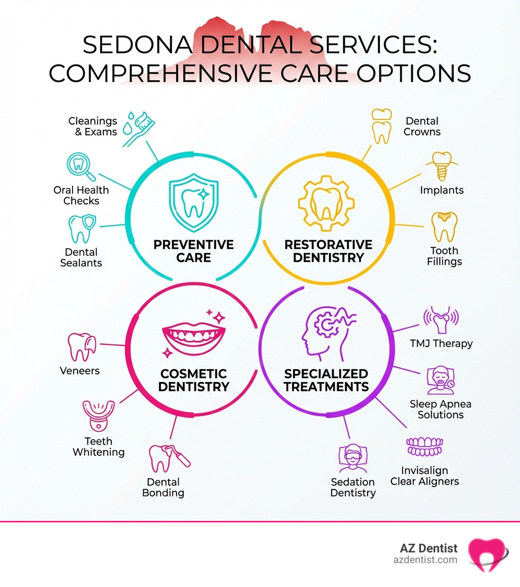 Infographic showing the types of dental services available in Sedona: Preventive Care (cleanings, exams, sealants), Restorative Dentistry (crowns, implants, fillings), Cosmetic Dentistry (veneers, whitening, bonding), and Specialized Treatments (TMJ therapy, sleep apnea, sedation dentistry, Invisalign) - Sedona dental office infographic Infographic showing the types of dental services available in Sedona: Preventive Care (cleanings, exams, sealants), Restorative Dentistry (crowns, implants, fillings), Cosmetic Dentistry (veneers, whitening, bonding), and Specialized Treatments (TMJ therapy, sleep apnea, sedation dentistry, Invisalign) - Sedona dental office infographic