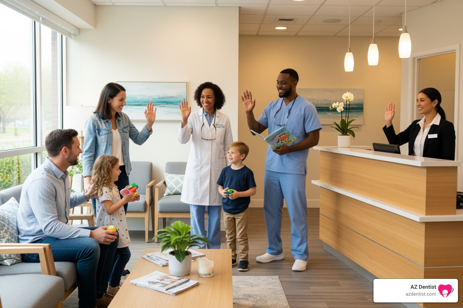 friendly dental team greeting a family - Sedona family dentist