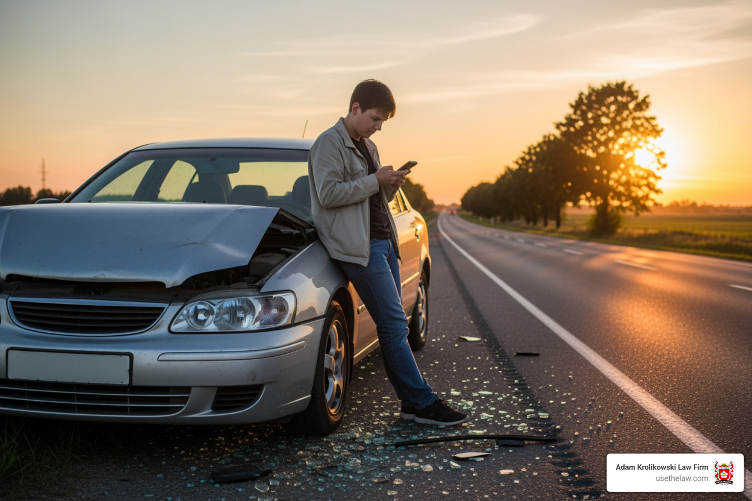 person on phone by side of road with damaged car - santa ana car rental accident lawyer person on phone by side of road with damaged car - santa ana car rental accident lawyer