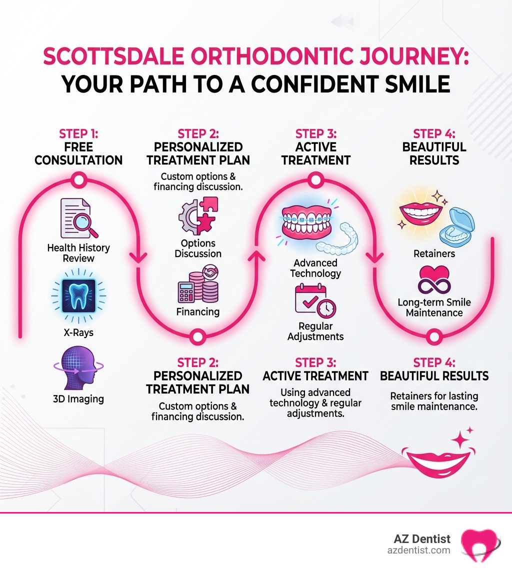 Infographic showing the orthodontic treatment journey in Scottsdale: Step 1 - Free Consultation with health history review, X-rays, and 3D imaging; Step 2 - Personalized Treatment Plan with options discussion and financing; Step 3 - Active Treatment with regular adjustments using advanced technology; Step 4 - Beautiful Results with retainers and long-term smile maintenance - Orthodontic treatment Scottsdale infographic 