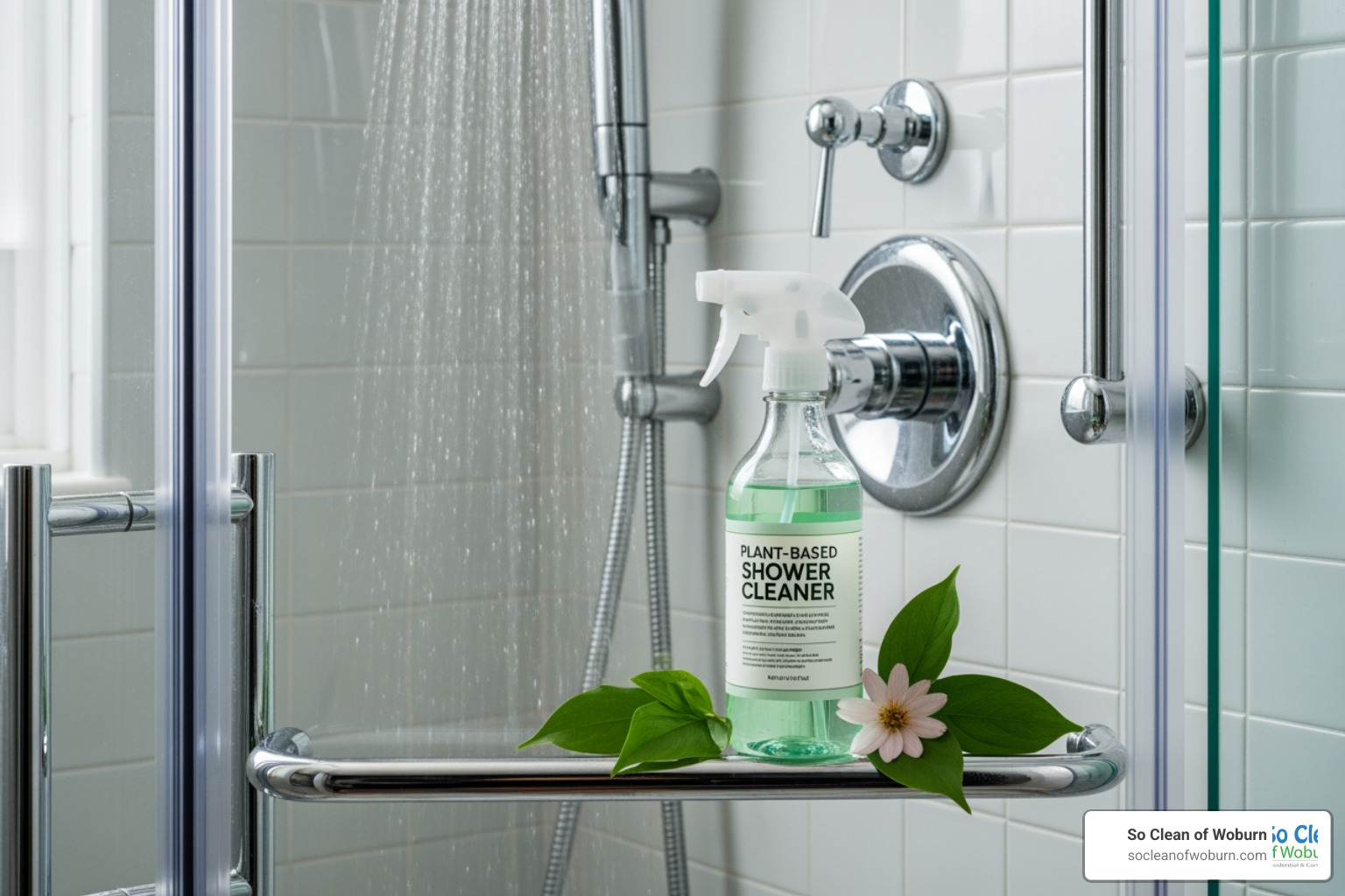 different types of spray bottles in a bathroom setting - plant based shower cleaner