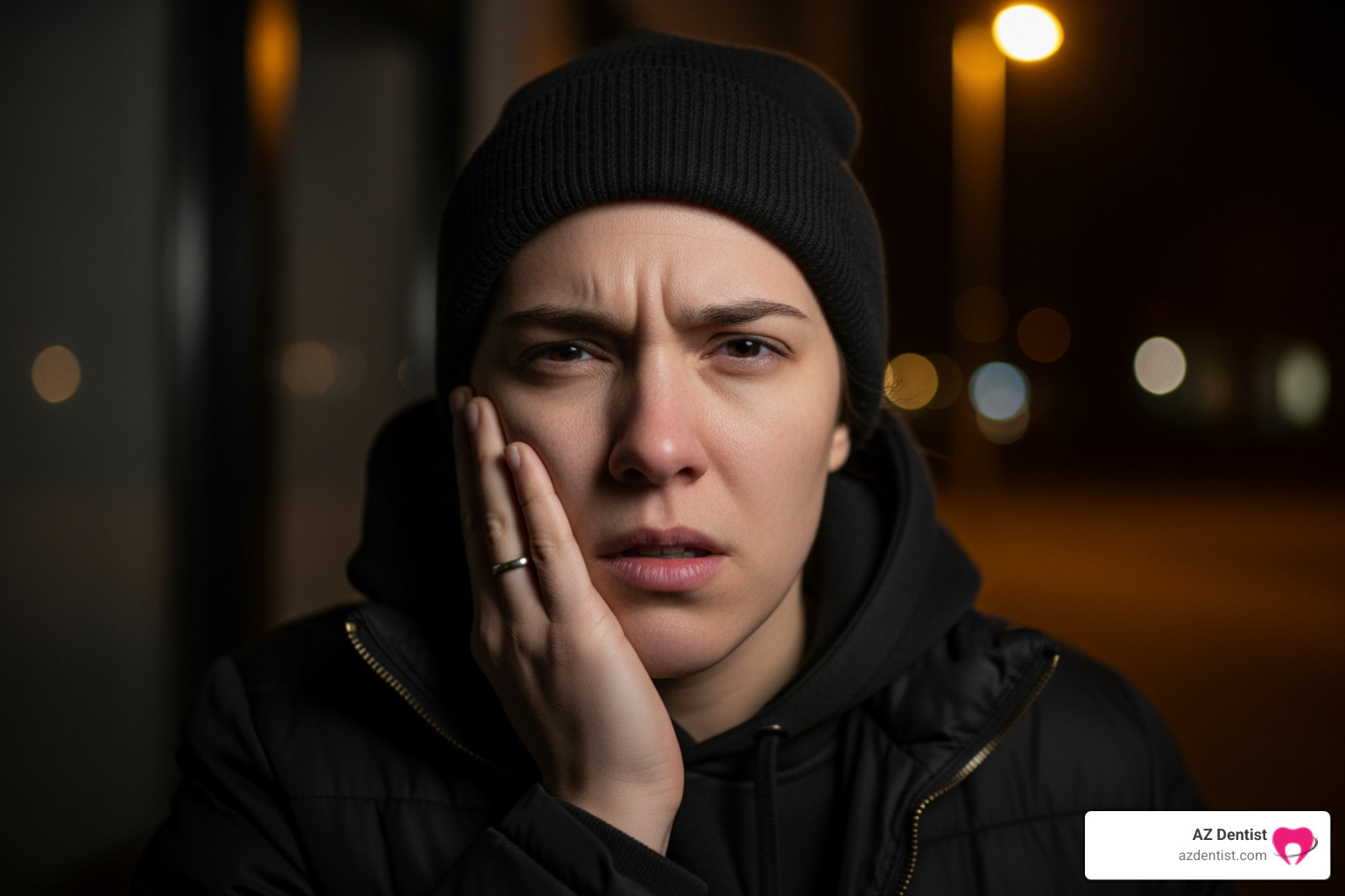 person holding jaw in pain at night - 24 hour dentist Scottsdale