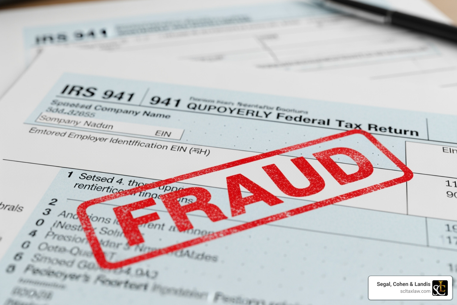 IRS Form 941 with a red "fraud" stamp - payroll tax fraud lawyer