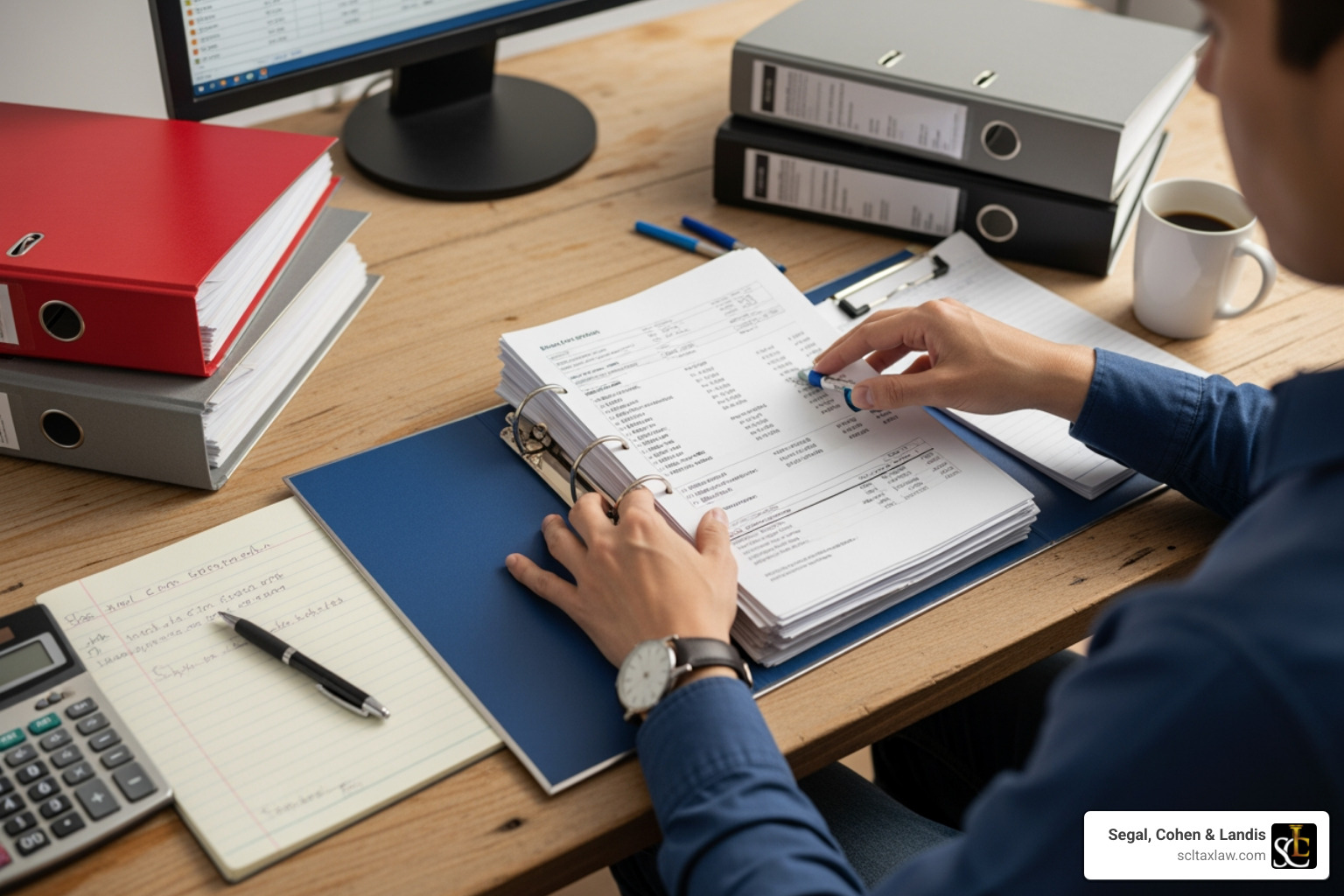 Person organizing a binder of financial documents - IRS payroll audit Person organizing a binder of financial documents - IRS payroll audit