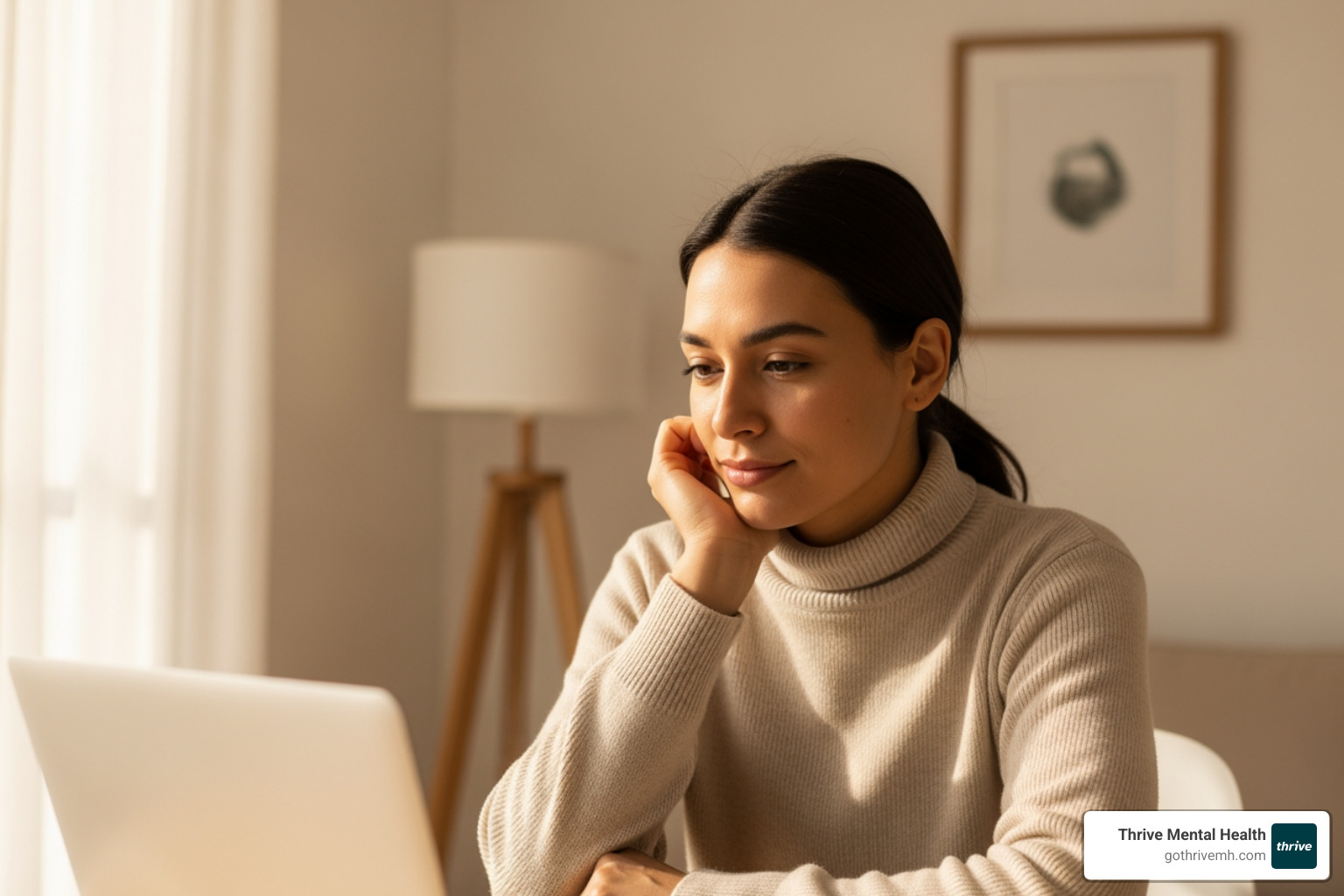 A person calmly looking at a laptop, researching mental health treatment options, with a warm, natural light background. - adult intensive outpatient mental health program near me florida