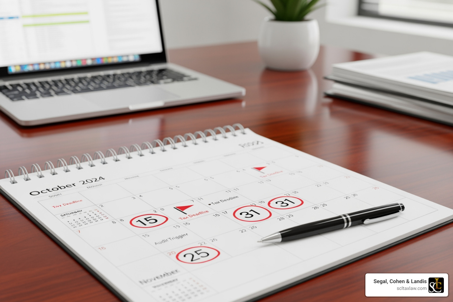 Calendar with red flags on tax deadlines - IRS payroll audit Calendar with red flags on tax deadlines - IRS payroll audit