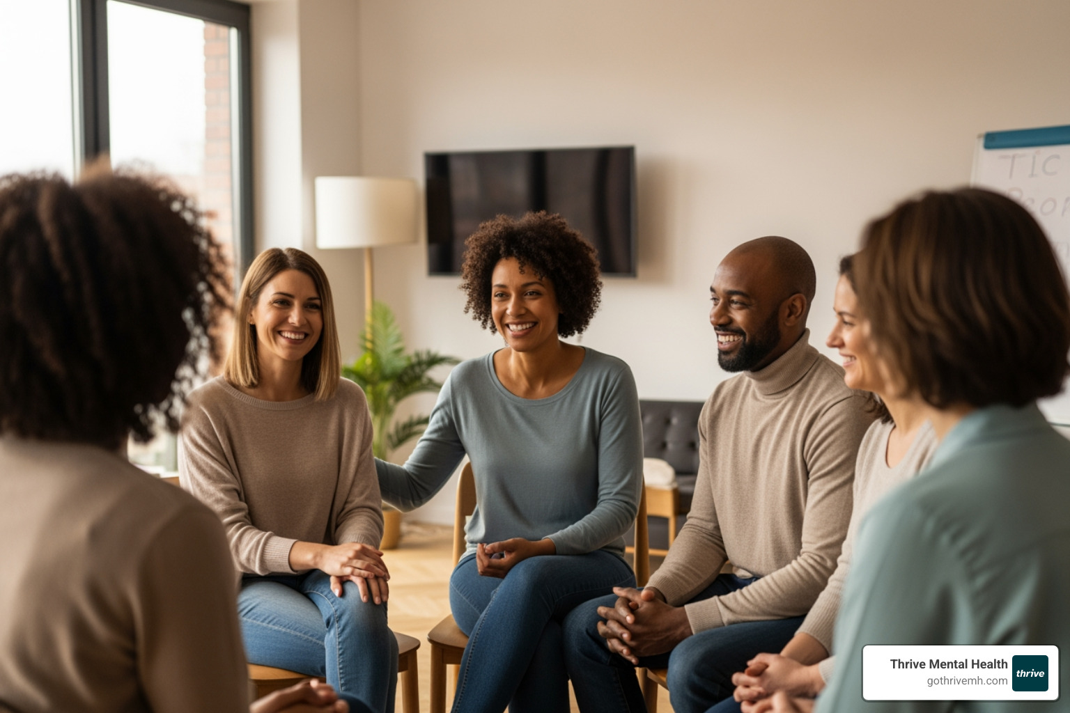Diverse group of adults engaged in a supportive group therapy session, smiling and making eye contact, illustrating connection and personal growth. - adult intensive outpatient mental health program near me florida