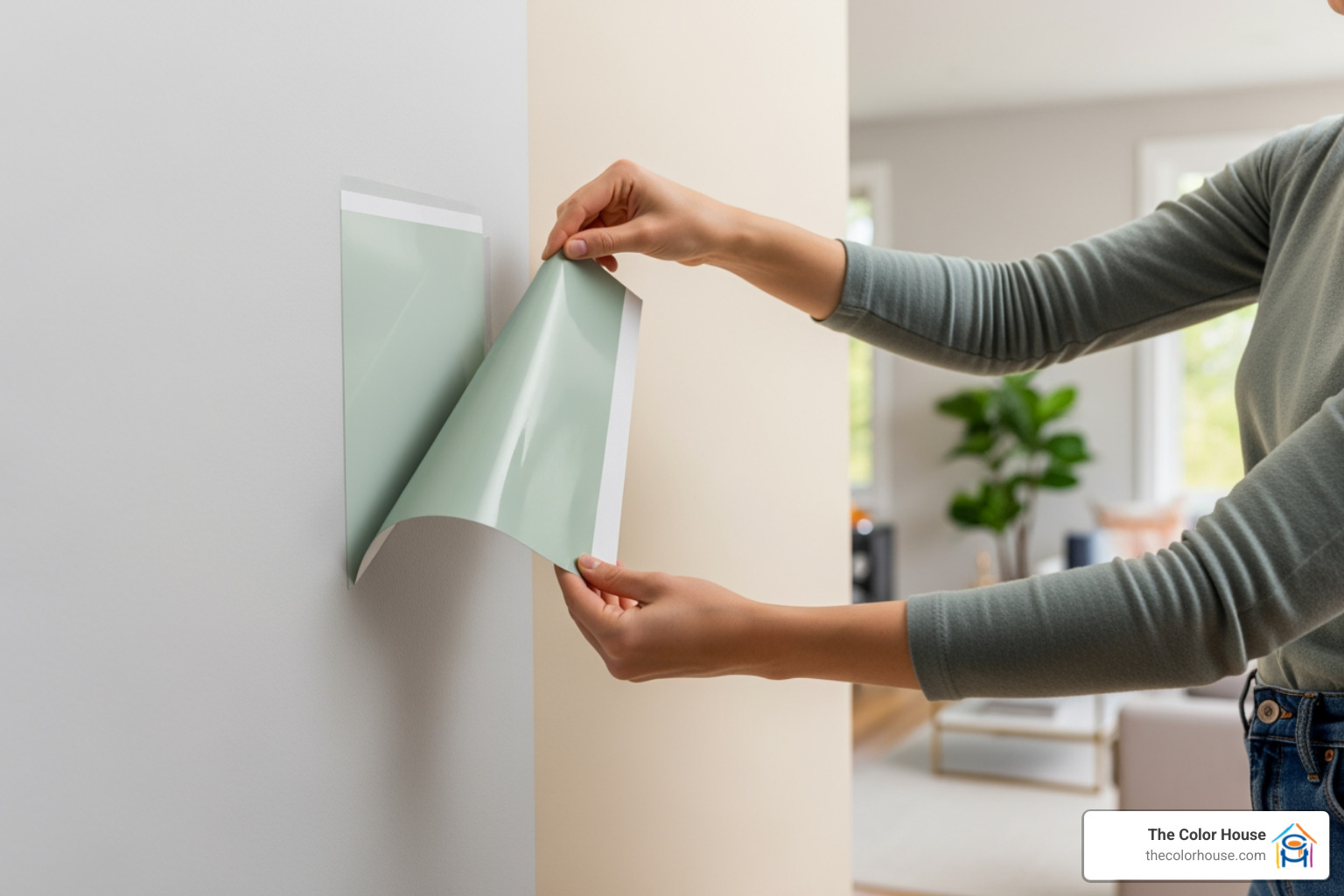 person easily moving a large paint sample from one wall to another - peel and stick paint samples