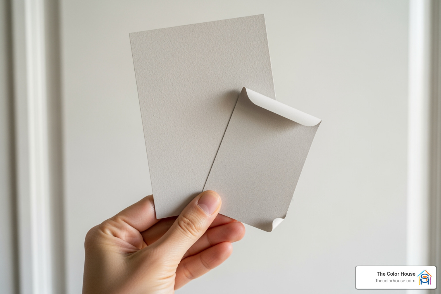 hand holding two different sized peel and stick samples for comparison - peel and stick paint samples