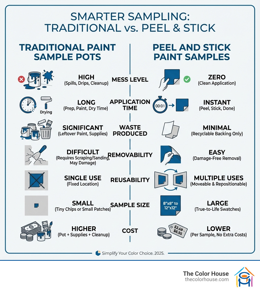 Infographic comparing traditional paint sample pots versus peel and stick paint samples, showing side by side comparison of mess level, application time, waste produced, removability, reusability, sample size, and cost - peel and stick paint samples infographic 