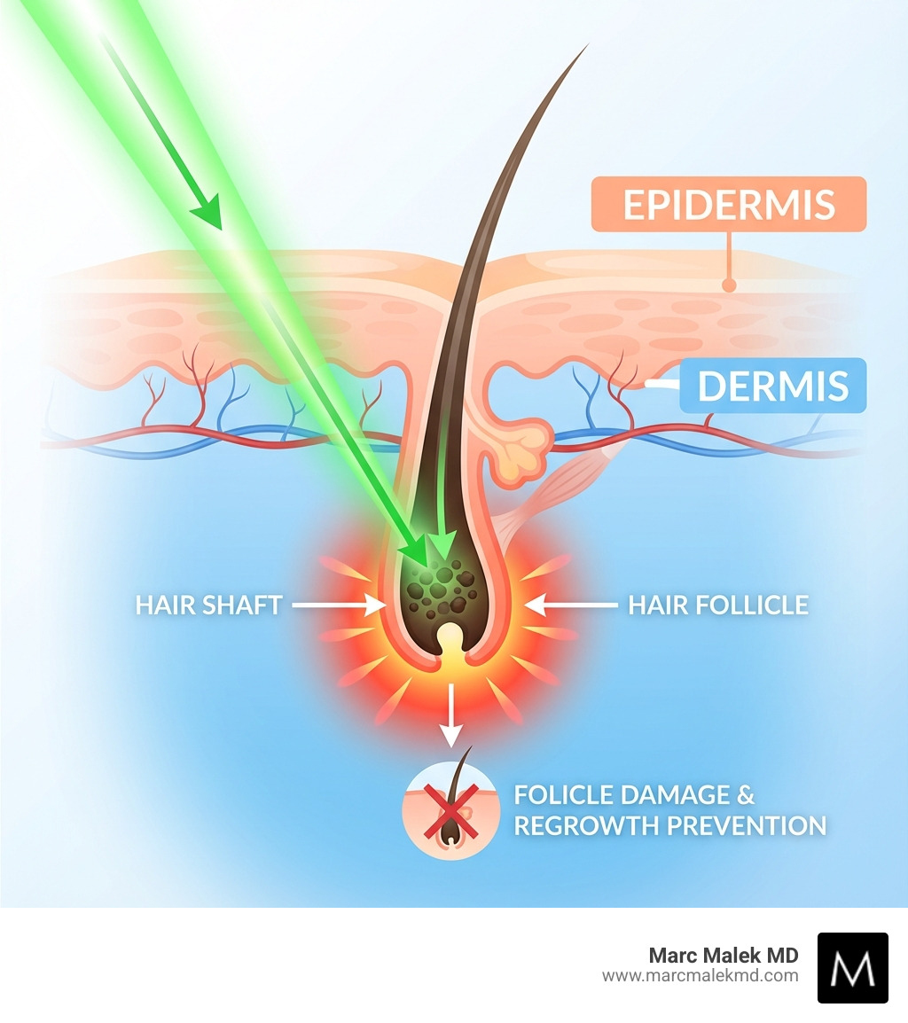 infographic showing a cross-section of skin with a laser beam targeting the melanin in a hair follicle, illustrating how the light energy converts to heat to damage the follicle and prevent regrowth, with labels for epidermis, dermis, hair shaft, and hair follicle - laser hair removal scottsdale infographic infographic showing a cross-section of skin with a laser beam targeting the melanin in a hair follicle, illustrating how the light energy converts to heat to damage the follicle and prevent regrowth, with labels for epidermis, dermis, hair shaft, and hair follicle - laser hair removal scottsdale infographic