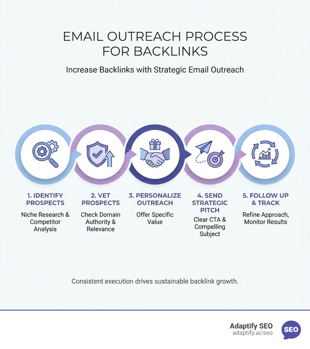 Infographic showing the 5-step email outreach process: Step 1 - Prospect identification using competitor analysis and niche research; Step 2 - Vetting prospects for domain authority and relevance; Step 3 - Personalizing emails with specific value propositions; Step 4 - Sending strategic pitches with clear CTAs and compelling subject lines; Step 5 - Following up 1-2 times and tracking results to refine approach - increase backlinks with email outreach program infographic