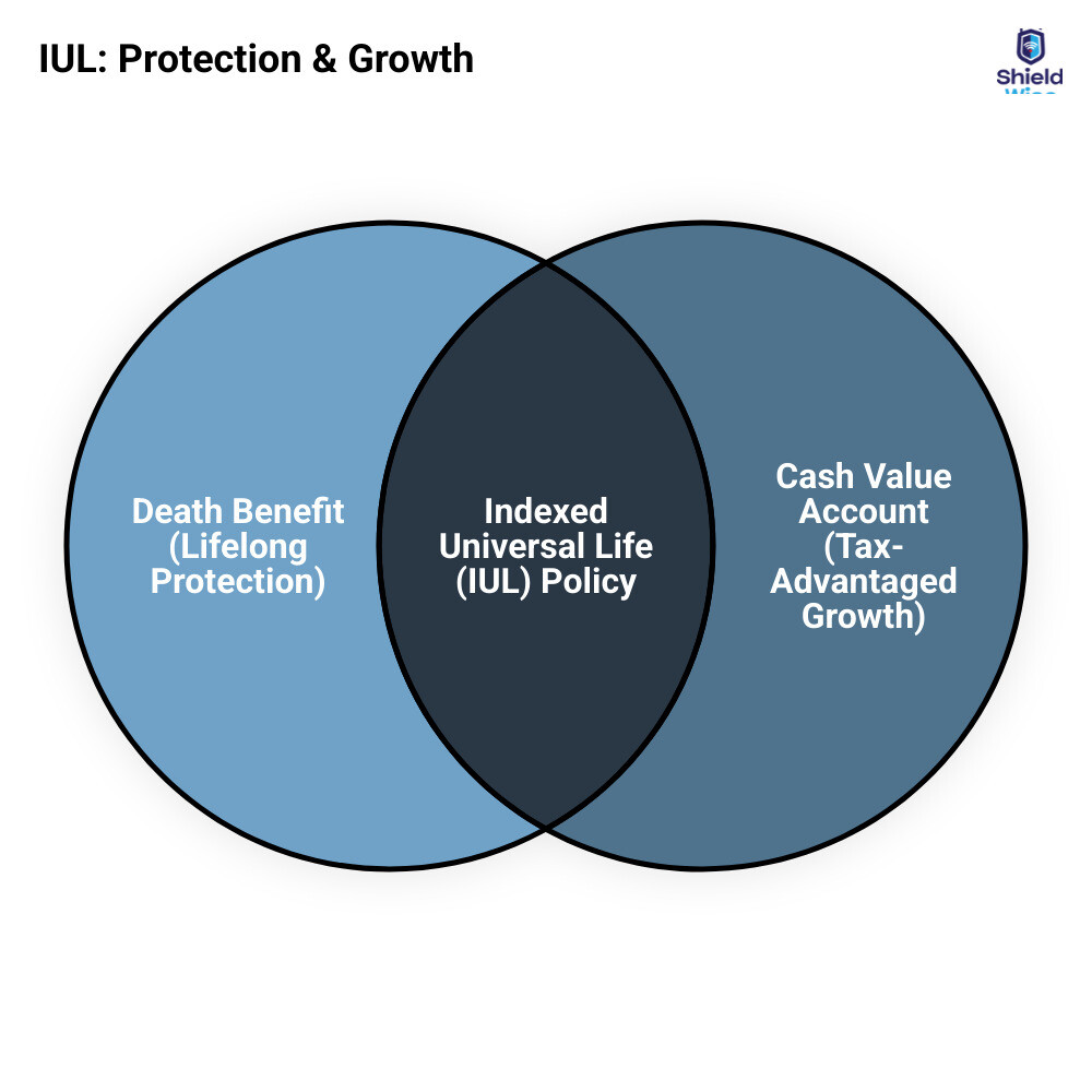 infographic showing two main components of IUL: death benefit providing lifelong protection on left side, and cash value account growing tax-deferred based on market index performance on right side, with arrows indicating flexible premium payments going into both components - iul - for young families and parents infographic venn_diagram