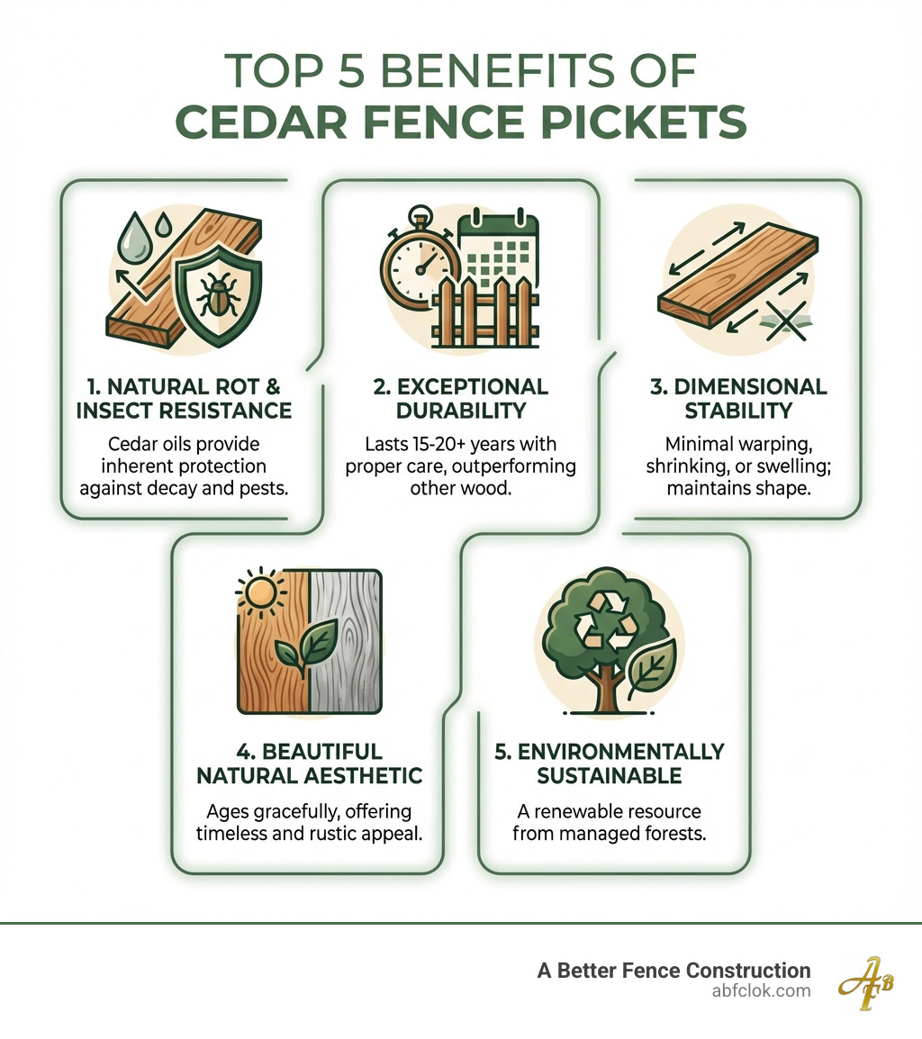 Infographic showing the top 5 benefits of cedar fence pickets: 1. Natural rot and insect resistance from cedar oils, 2. Exceptional durability lasting 15-20+ years, 3. Dimensional stability with minimal warping, 4. Beautiful natural aesthetic that ages gracefully, 5. Environmentally sustainable renewable resource - cedar fence pickets infographic Infographic showing the top 5 benefits of cedar fence pickets: 1. Natural rot and insect resistance from cedar oils, 2. Exceptional durability lasting 15-20+ years, 3. Dimensional stability with minimal warping, 4. Beautiful natural aesthetic that ages gracefully, 5. Environmentally sustainable renewable resource - cedar fence pickets infographic