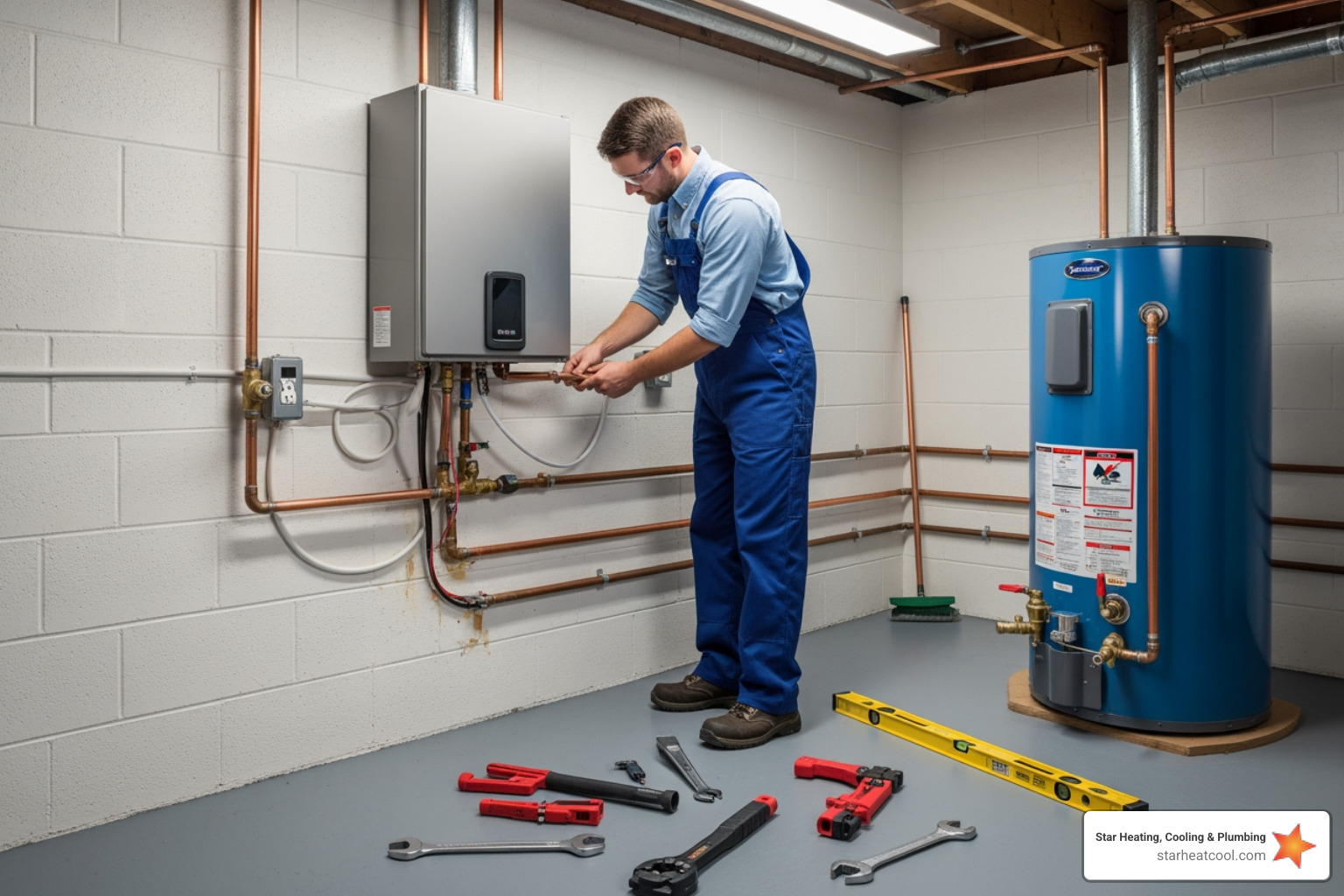 infographic showing how a tankless water heater heats water on-demand as it flows through the unit, with labeled components including cold water inlet, heating element or gas burner, heat exchanger, and hot water outlet - tankless water heater installation fishers in infographic showing how a tankless water heater heats water on-demand as it flows through the unit, with labeled components including cold water inlet, heating element or gas burner, heat exchanger, and hot water outlet - tankless water heater installation fishers in