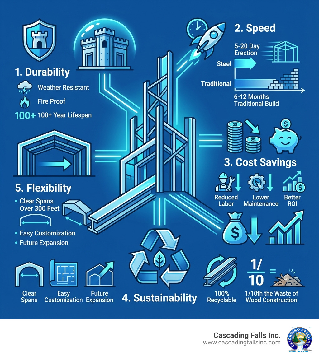 infographic showing the top 5 advantages of industrial steel buildings: 1. Durability - weather resistant, fire proof, 100+ year lifespan; 2. Speed - 5-20 day erection vs 6-12 months traditional build; 3. Cost Savings - reduced labor, lower maintenance, better ROI; 4. Sustainability - 100% recyclable, 1/10th the waste of wood construction; 5. Flexibility - clear spans over 300 feet, easy customization and future expansion - Industrial steel buildings infographic 