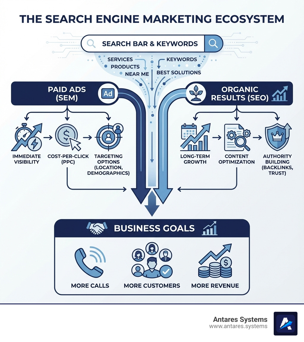 Infographic showing the search engine marketing ecosystem: at the top, a search bar with keywords flowing into two paths - one leading to paid ads (SEM) showing immediate visibility, cost-per-click, and targeting options; the other leading to organic results (SEO) showing long-term growth, content optimization, and authority building. Both paths converge at the bottom showing business goals: more calls, more customers, more revenue. - search engine marketing infographic 