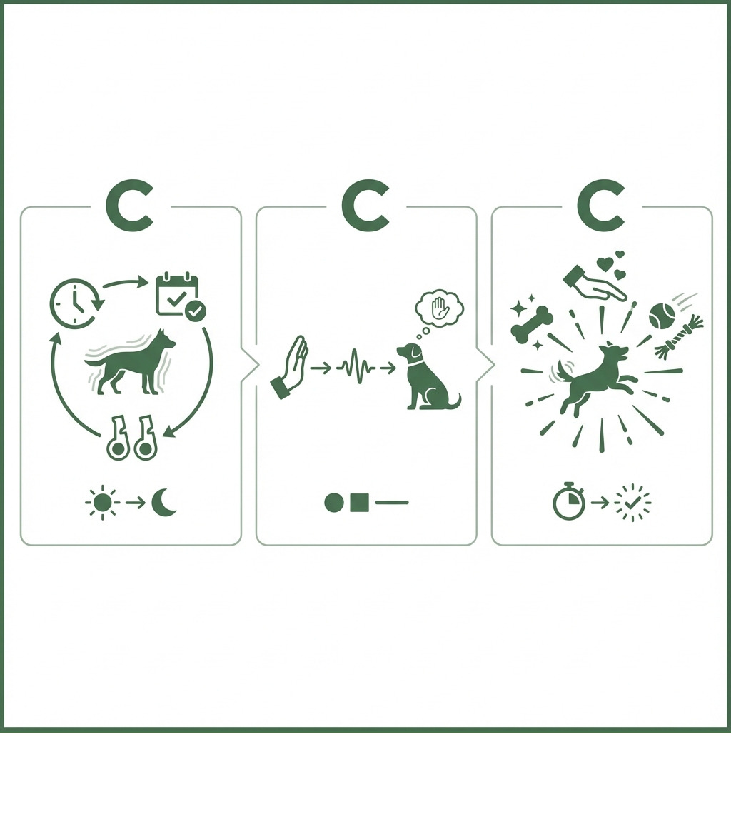 infographic explaining the 3 C's of Dog Training: Consistency means training daily at the same times with the same commands; Clarity means using simple one-word commands with matching hand signals; Celebration means rewarding good behavior immediately with praise, treats, or play - Basic gun dog training infographic infographic explaining the 3 C's of Dog Training: Consistency means training daily at the same times with the same commands; Clarity means using simple one-word commands with matching hand signals; Celebration means rewarding good behavior immediately with praise, treats, or play - Basic gun dog training infographic