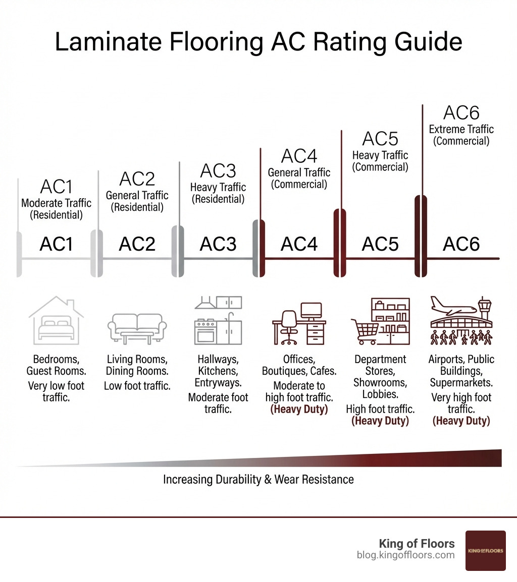 Infographic showing AC Rating scale from AC1 to AC6 with recommended applications for each level - Heavy duty laminate infographic Infographic showing AC Rating scale from AC1 to AC6 with recommended applications for each level - Heavy duty laminate infographic
