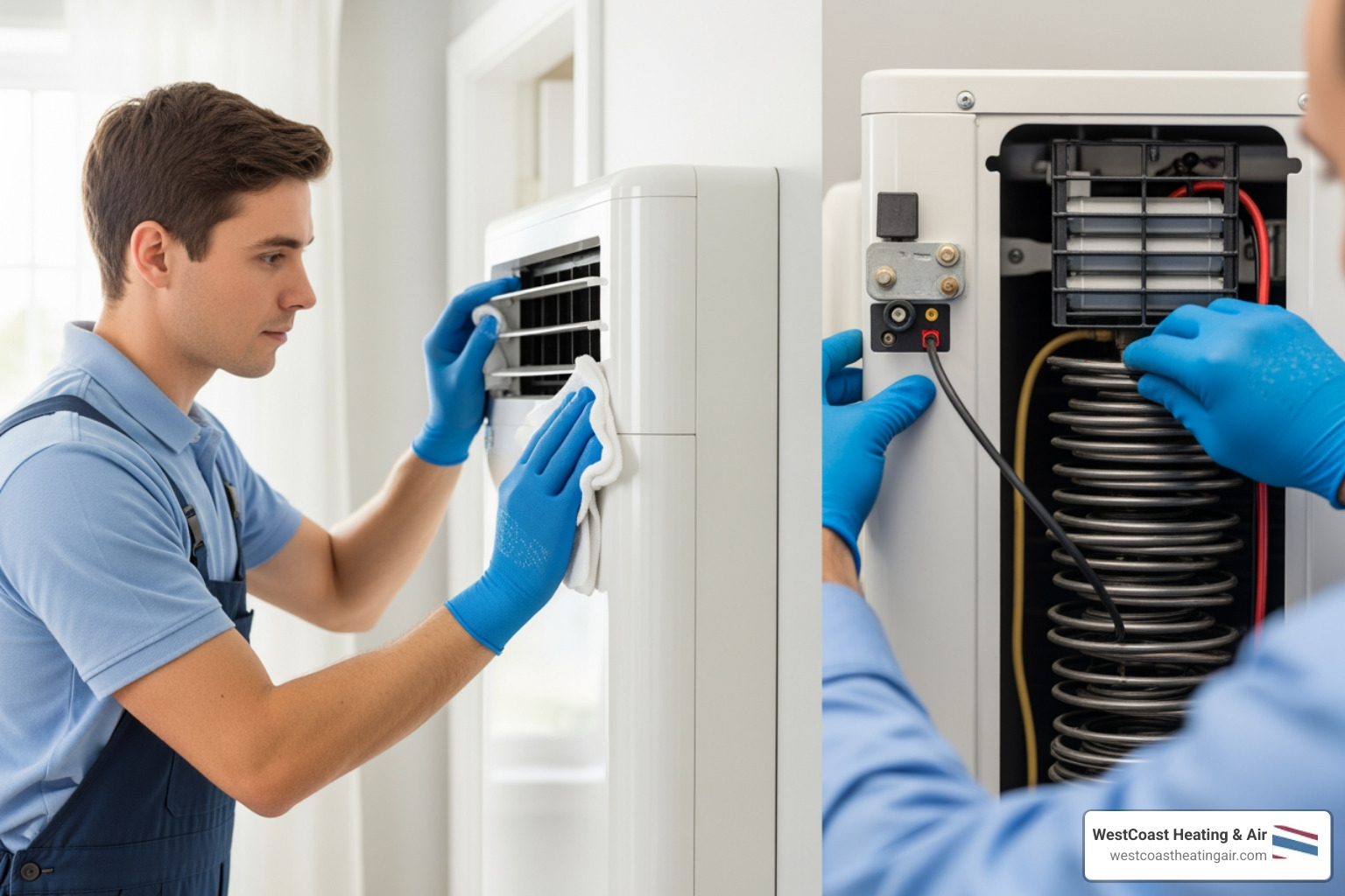 Infographic showing ductless system components and maintenance schedule: outdoor compressor unit requiring annual coil cleaning and debris clearance, indoor air handler needing monthly filter cleaning, refrigerant lines and electrical connections inspected annually by professionals, and condensate drain line checked seasonally - ductless heating maintenance in puyallup wa Infographic showing ductless system components and maintenance schedule: outdoor compressor unit requiring annual coil cleaning and debris clearance, indoor air handler needing monthly filter cleaning, refrigerant lines and electrical connections inspected annually by professionals, and condensate drain line checked seasonally - ductless heating maintenance in puyallup wa