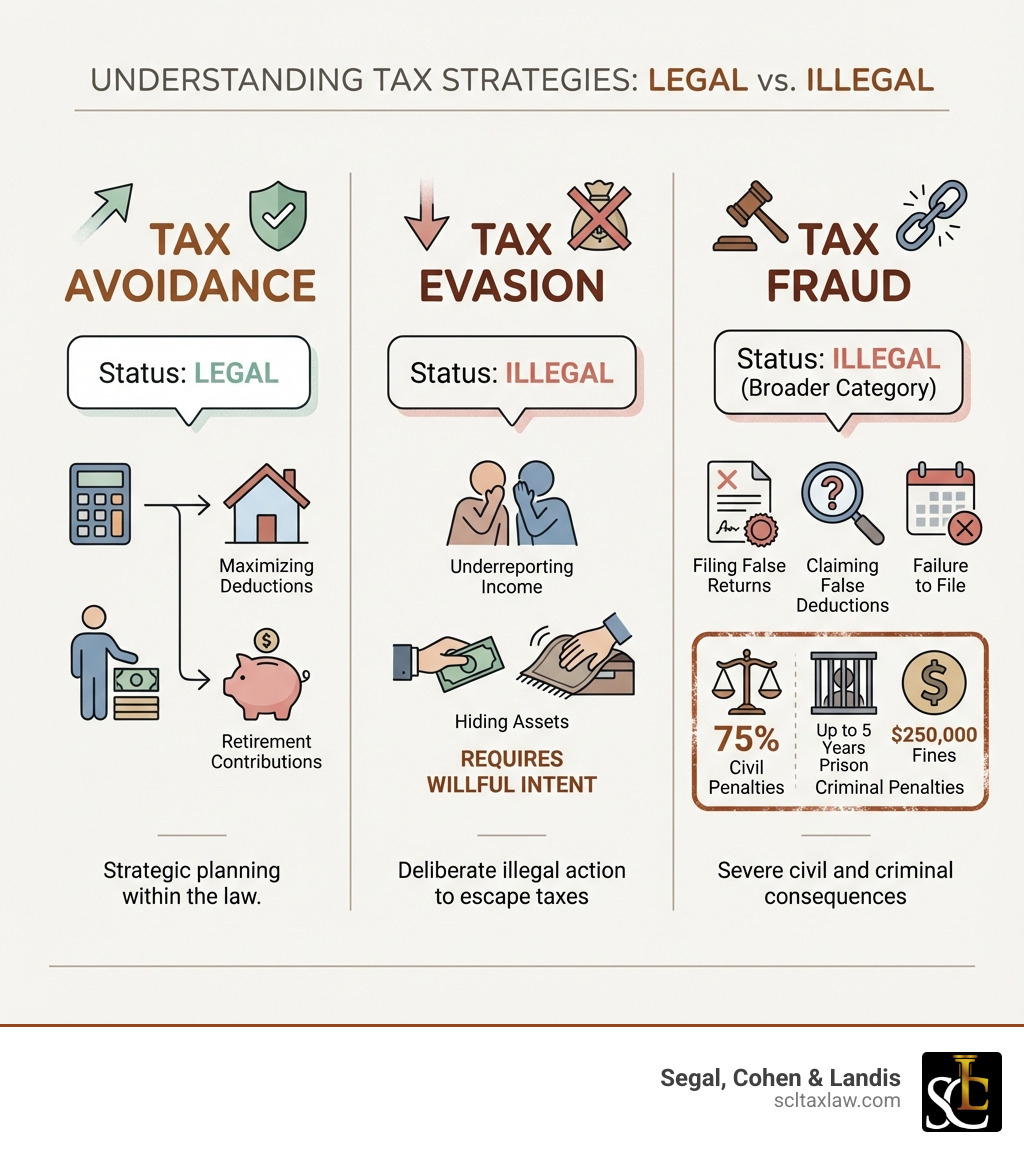 Infographic showing three columns: Tax Avoidance (Legal strategies like maximizing deductions and retirement contributions), Tax Evasion (Illegal actions like underreporting income or hiding assets, requiring willful intent), and Tax Fraud (Broader category including filing false returns, claiming false deductions, and failure to file, with civil penalties of 75% and criminal penalties up to 5 years prison and $250,000 in fines) - los angeles tax fraud attorney infographic 