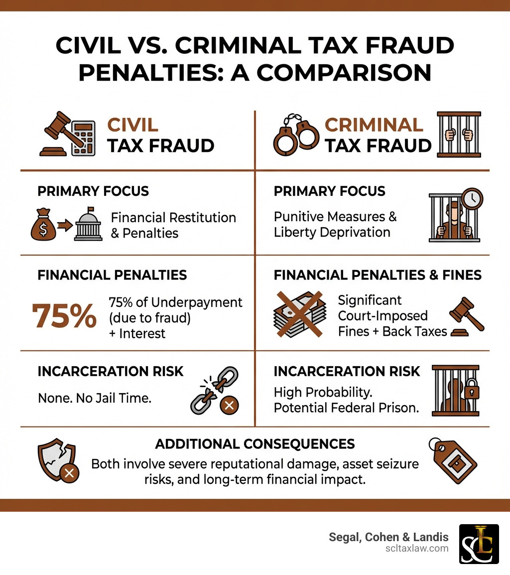 Table comparing Civil vs. Criminal Tax Fraud Penalties - los angeles tax fraud attorney infographic 