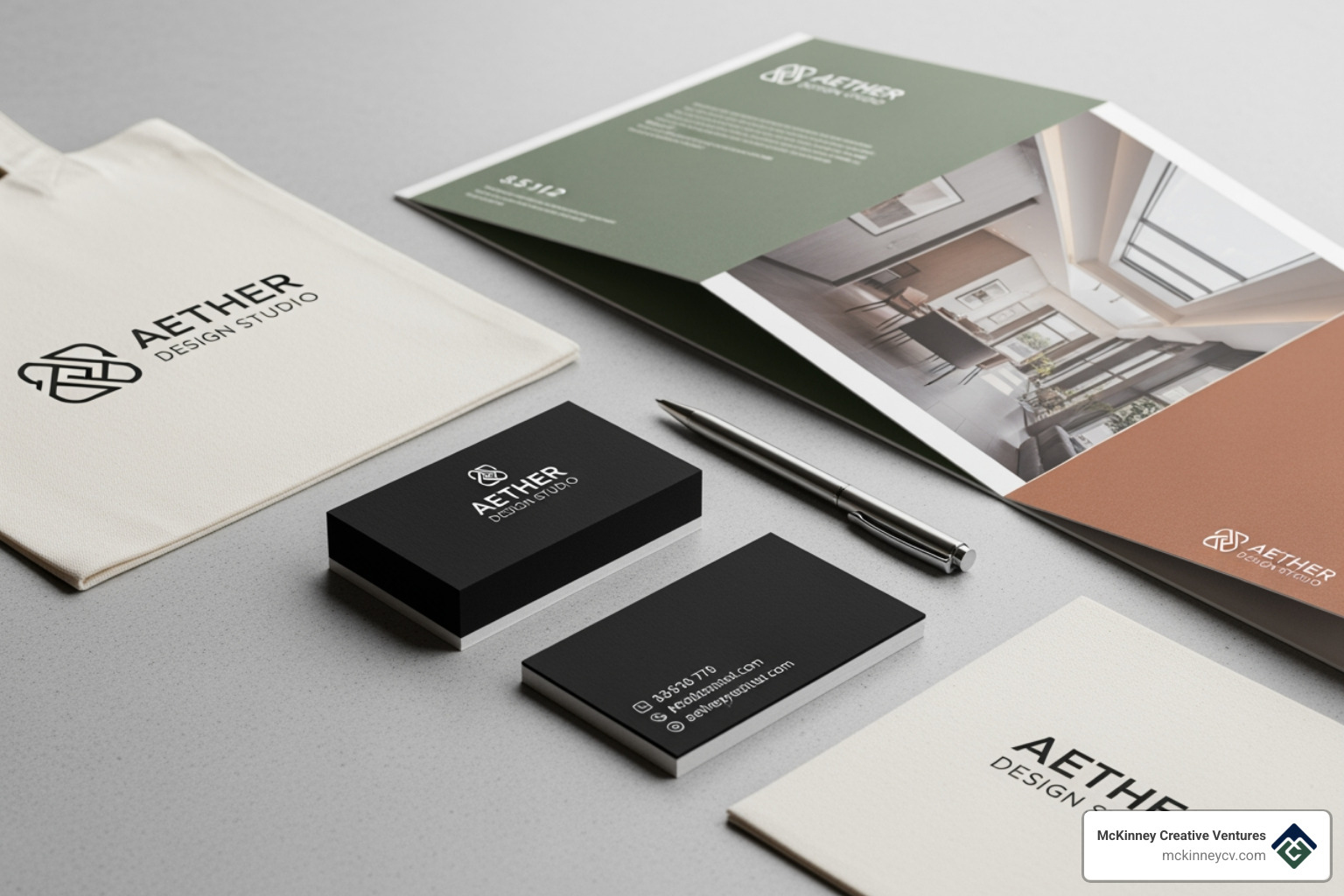 high-quality print materials like a business card, brochure, and branded tote bag - 10 marketing materials