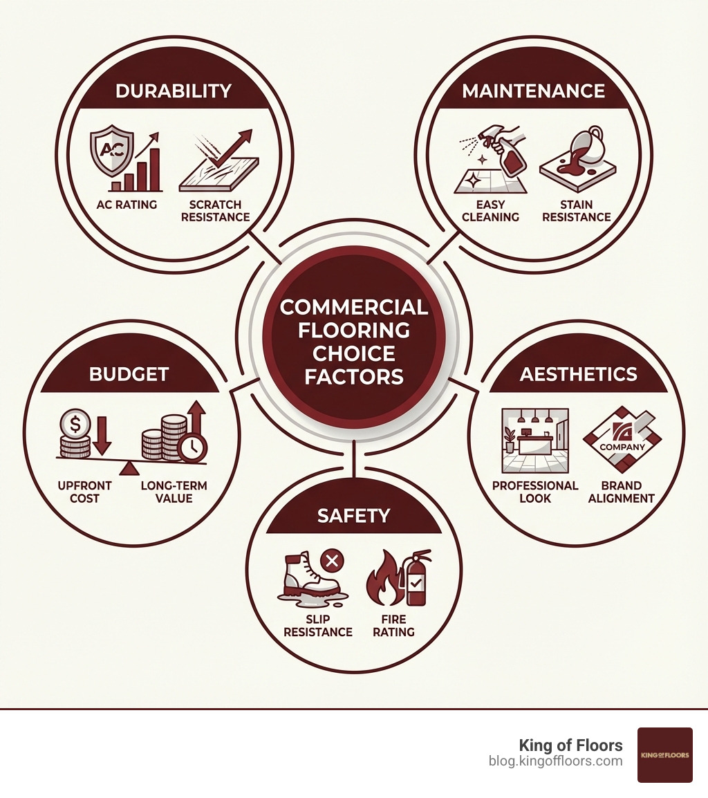 Infographic showing key factors in choosing commercial flooring: Durability (AC rating, scratch resistance), Maintenance (easy cleaning, stain resistance), Budget (upfront cost vs long-term value), Aesthetics (professional look, brand alignment), and Safety (slip resistance, fire rating) - commercial flooring surrey infographic Infographic showing key factors in choosing commercial flooring: Durability (AC rating, scratch resistance), Maintenance (easy cleaning, stain resistance), Budget (upfront cost vs long-term value), Aesthetics (professional look, brand alignment), and Safety (slip resistance, fire rating) - commercial flooring surrey infographic