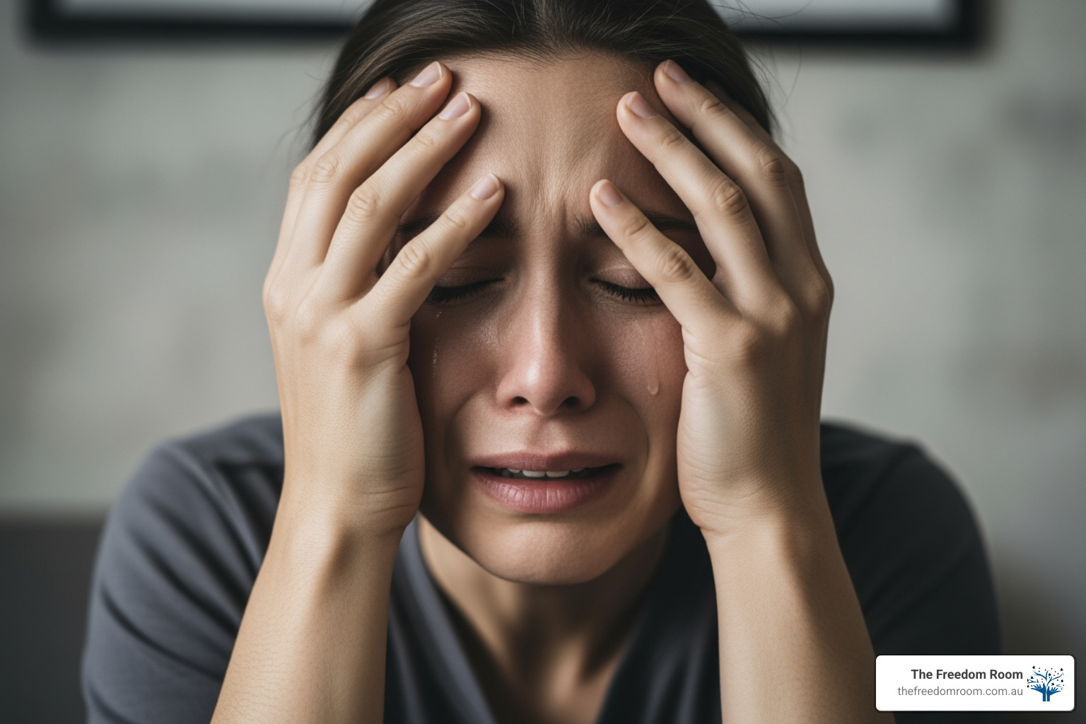 Close-up of a woman in severe emotional distress and crying, illustrating the mental alcohol abuse effects and despair.