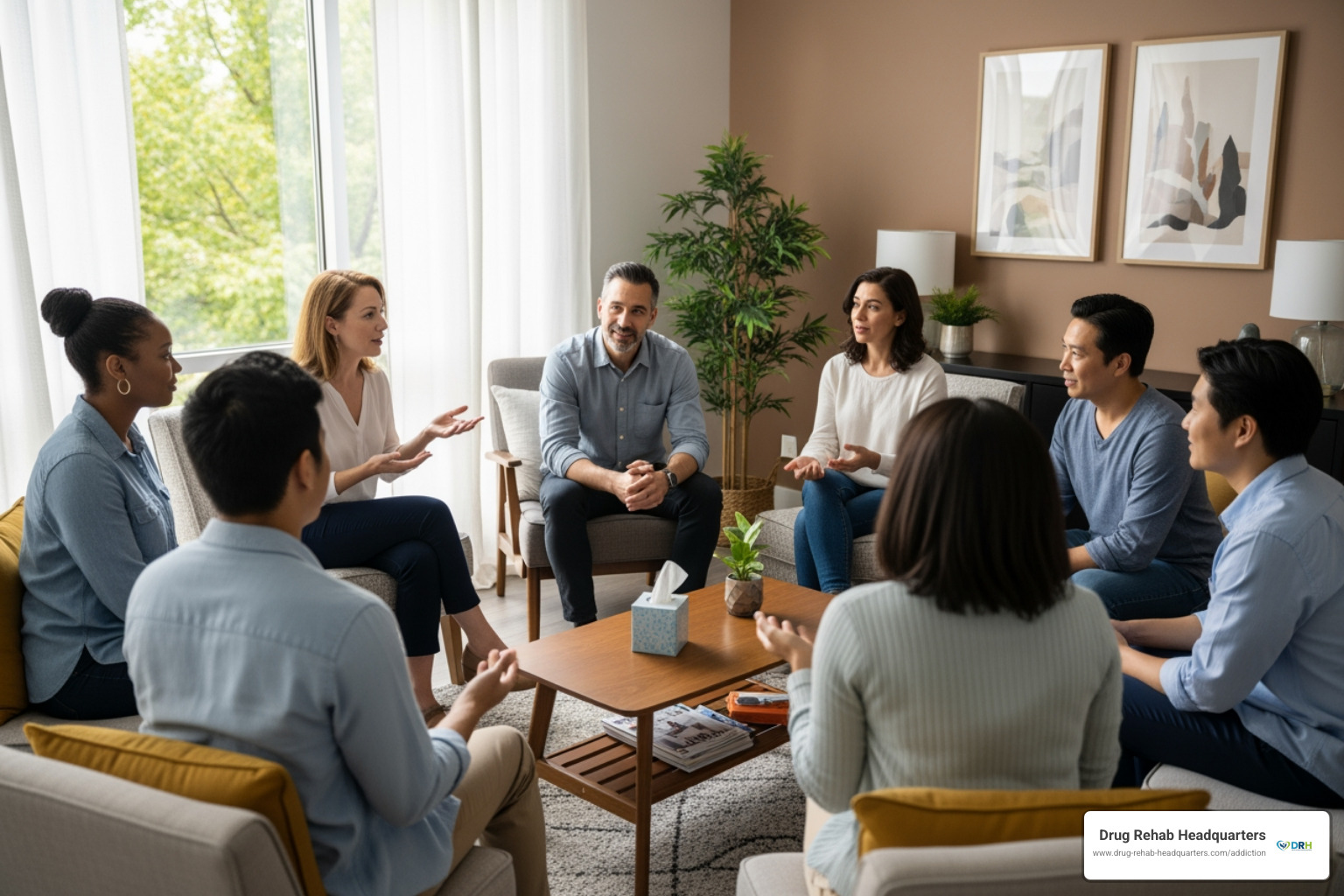 A group therapy session in progress, with individuals sitting in a circle, engaged in discussion. - alcohol rehab