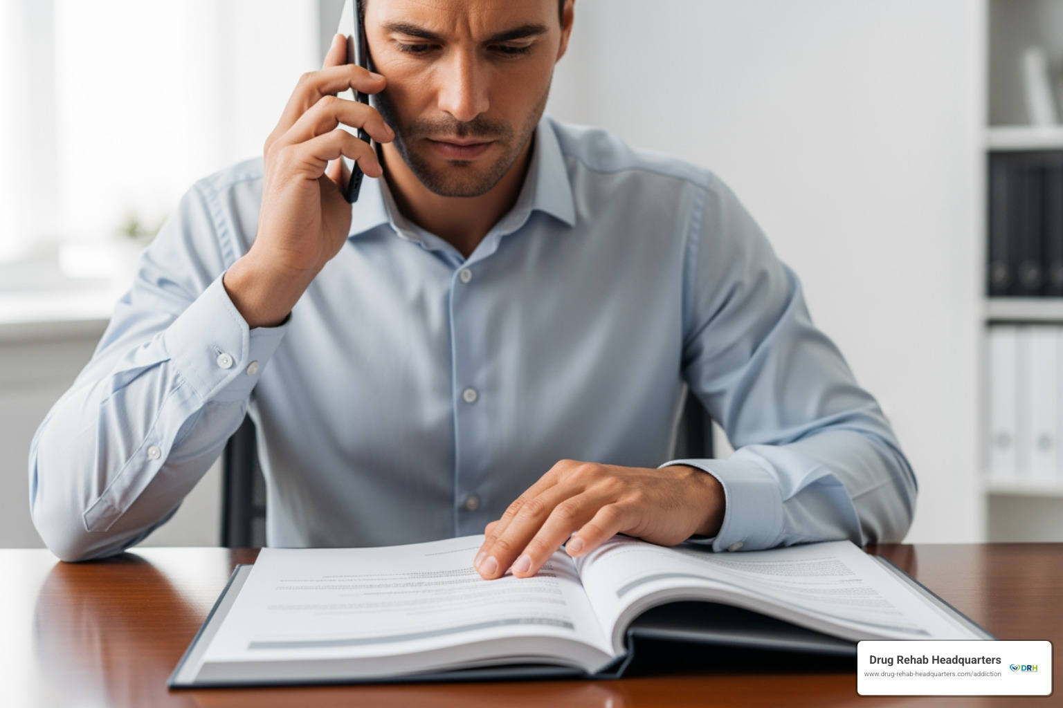 A person on the phone reviewing an insurance policy document, looking thoughtful. - alcohol rehab