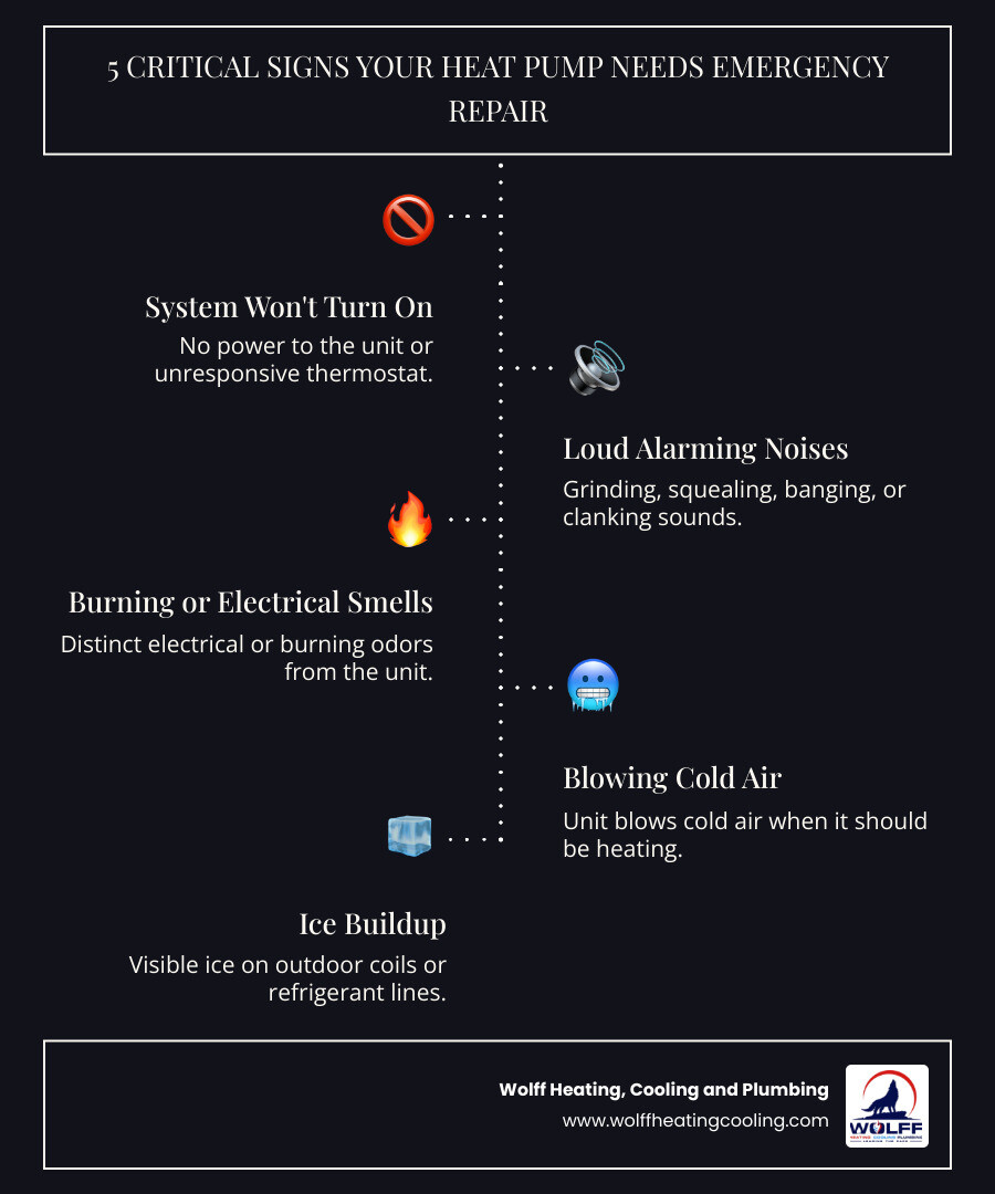 Infographic showing 5 critical signs your heat pump needs emergency repair: 1. System won't turn on or respond to thermostat 2. Loud grinding, squealing, or banging noises 3. Burning or electrical smell coming from unit 4. Blowing cold air when set to heat mode 5. Ice buildup on outdoor coils or refrigerant lines - emergency heat pump repair in rio rancho, nm infographic infographic-line-5-steps-dark Infographic showing 5 critical signs your heat pump needs emergency repair: 1. System won't turn on or respond to thermostat 2. Loud grinding, squealing, or banging noises 3. Burning or electrical smell coming from unit 4. Blowing cold air when set to heat mode 5. Ice buildup on outdoor coils or refrigerant lines - emergency heat pump repair in rio rancho, nm infographic infographic-line-5-steps-dark