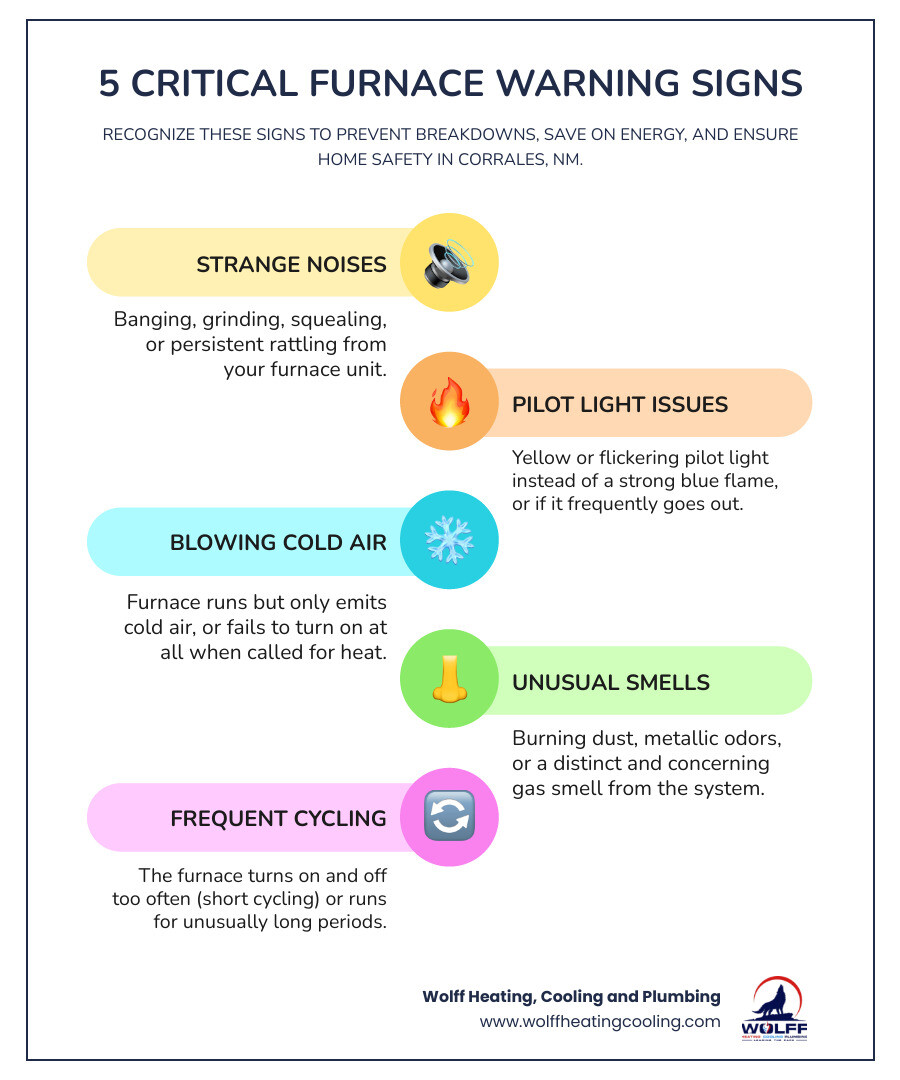 Infographic showing 5 critical furnace warning signs: 1) Strange noises like banging or grinding, 2) Yellow or flickering pilot light instead of blue, 3) Furnace blowing cold air or not turning on, 4) Burning smell or gas odor, 5) Frequent cycling on and off - with icons for each warning sign and urgent action recommendations - same day furnace maintenance in corrales, nm infographic infographic-line-5-steps-colors Infographic showing 5 critical furnace warning signs: 1) Strange noises like banging or grinding, 2) Yellow or flickering pilot light instead of blue, 3) Furnace blowing cold air or not turning on, 4) Burning smell or gas odor, 5) Frequent cycling on and off - with icons for each warning sign and urgent action recommendations - same day furnace maintenance in corrales, nm infographic infographic-line-5-steps-colors