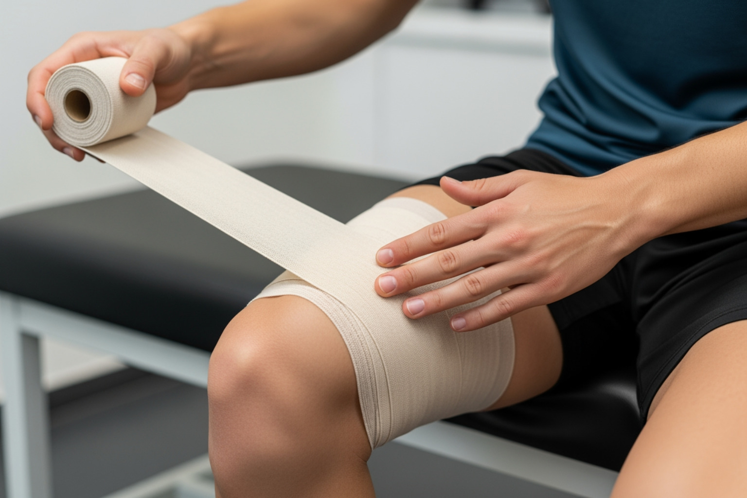 of someone applying a compression bandage to their thigh - compression bandage hamstring injury of someone applying a compression bandage to their thigh - compression bandage hamstring injury