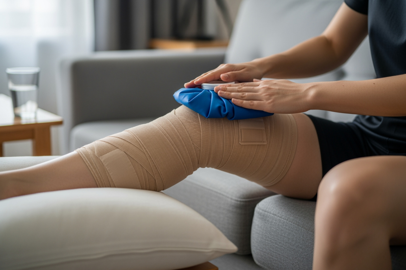 Person applying ice pack to thigh, with compression wrap and elevated leg in background - torn hamstring what to do