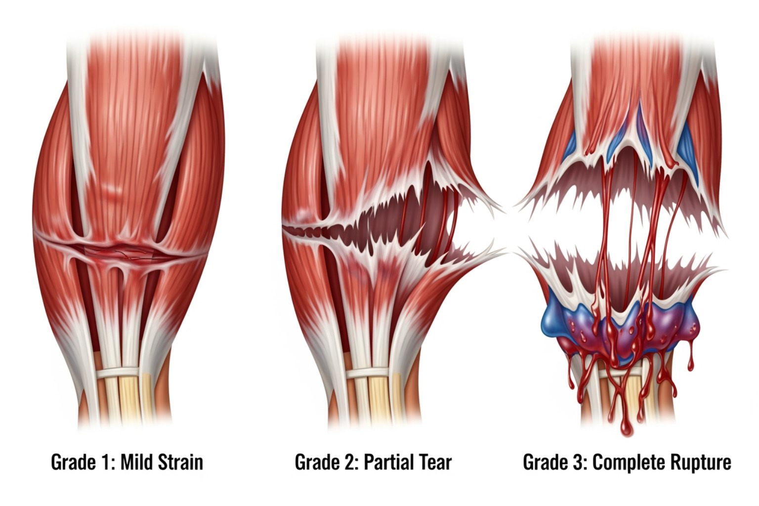 Illustration of the three grades of hamstring tears - torn hamstring what to do