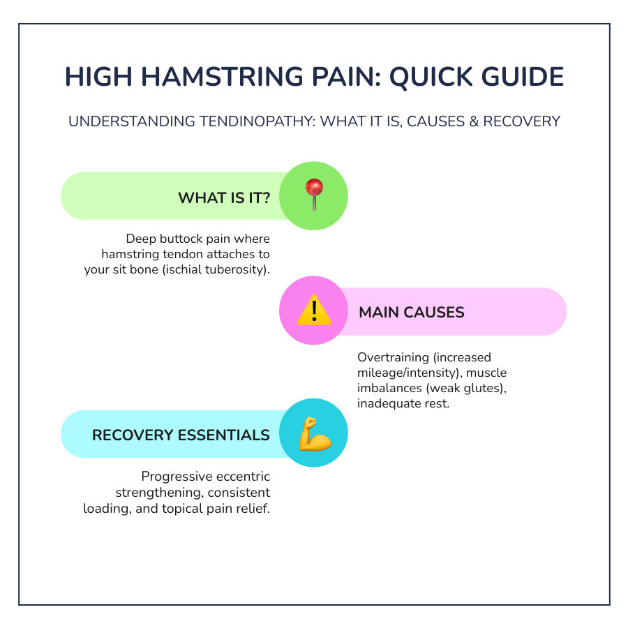 infographic showing the location of high hamstring pain at the sit bone, three main causes (overtraining, muscle imbalance, inadequate rest), and three recovery essentials (eccentric exercises, progressive loading, and topical pain relief) - sore upper hamstring infographic infographic-line-3-steps-colors