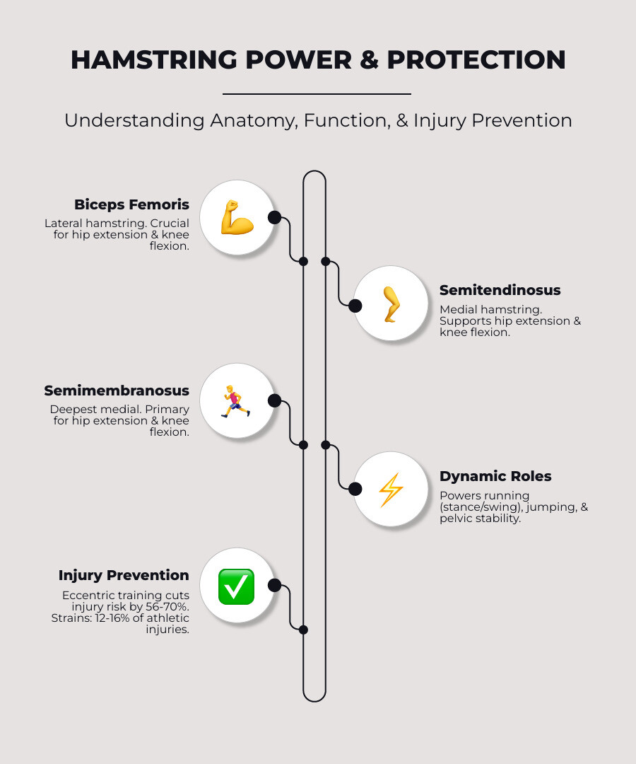 infographic showing the three hamstring muscles (biceps femoris, semitendinosus, semimembranosus) and their role in hip extension, knee flexion, running mechanics during stance and swing phases, with statistics showing 12-16% injury rate and 56.8-70% injury reduction through eccentric training - best hamstring exercises infographic infographic-line-5-steps-elegant_beige infographic showing the three hamstring muscles (biceps femoris, semitendinosus, semimembranosus) and their role in hip extension, knee flexion, running mechanics during stance and swing phases, with statistics showing 12-16% injury rate and 56.8-70% injury reduction through eccentric training - best hamstring exercises infographic infographic-line-5-steps-elegant_beige