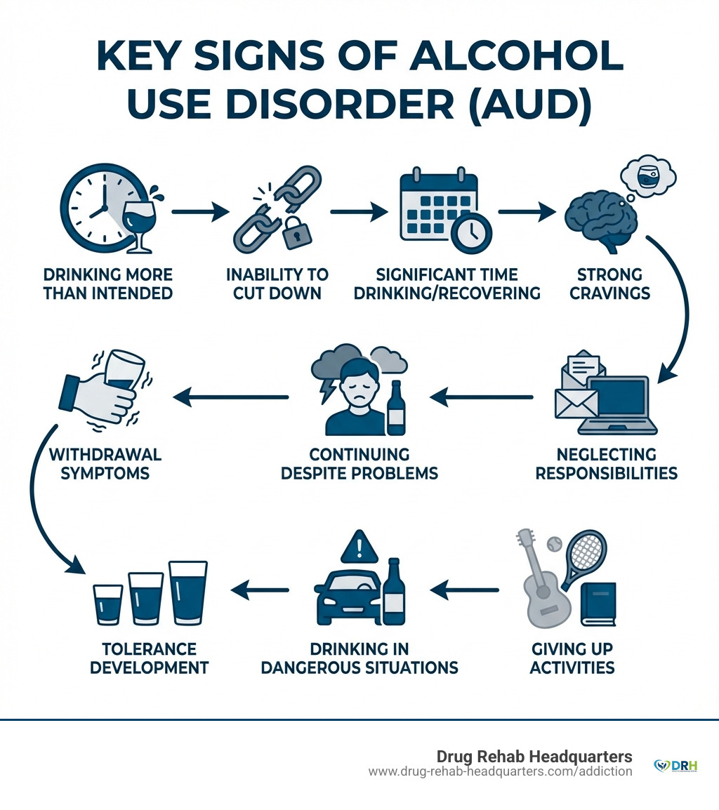 Infographic showing key signs of Alcohol Use Disorder: drinking more than intended, inability to cut down, spending significant time drinking or recovering, strong cravings, neglecting responsibilities, continuing despite problems, giving up activities, drinking in dangerous situations, tolerance development, and withdrawal symptoms when stopping - alcohol treatment center near me infographic Infographic showing key signs of Alcohol Use Disorder: drinking more than intended, inability to cut down, spending significant time drinking or recovering, strong cravings, neglecting responsibilities, continuing despite problems, giving up activities, drinking in dangerous situations, tolerance development, and withdrawal symptoms when stopping - alcohol treatment center near me infographic