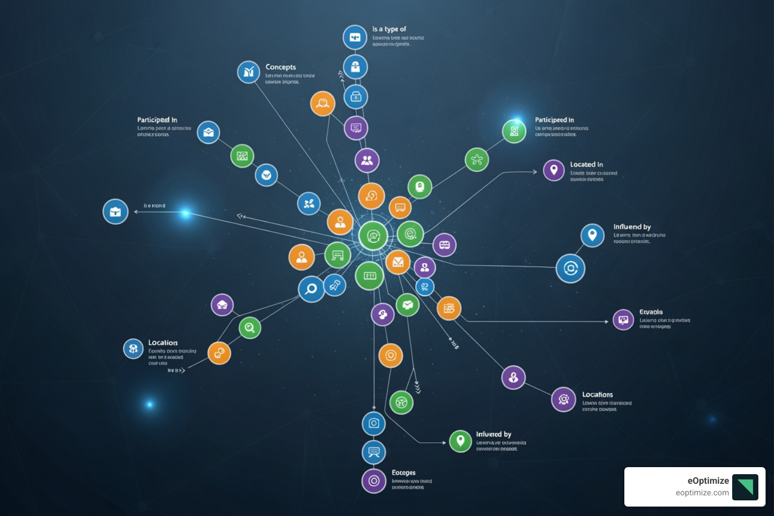 Knowledge graph illustration with interconnected nodes representing entities and their relationships - schema markup AI