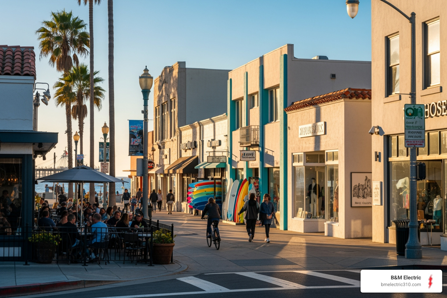 Infographic showing three main categories of commercial services in Hermosa Beach: Property & Building Services (including property management, construction, remodeling, restoration, and essential trades like electrical, plumbing, HVAC), Operations & Logistics (including waste collection, recycling programs, utilities management, and regulatory compliance), and Professional & City Support (including business licenses, permits, SCORE mentoring, local business associations, and Green Business Certification) - commercial services in hermosa beach ca