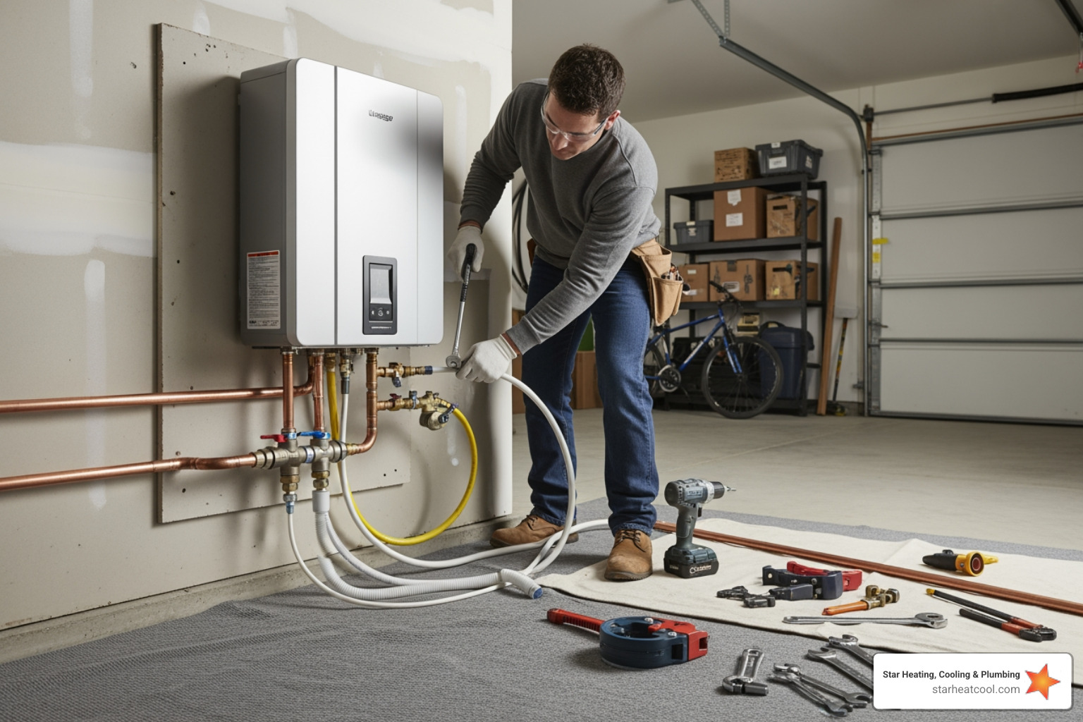 Upgrade Your Home: The Best Tankless Water Heater Installation Services Near You 2 Infographic comparing tankless and traditional tank water heaters: left side shows a tankless unit heating water on-demand as it flows through a heat exchanger, right side shows a traditional tank continuously heating stored water; includes labels for energy efficiency, space requirements, and lifespan differences - tankless water heater installation in carmel, in